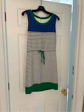 Sleeveless Blue, Green & White Striped Drawstring Dress